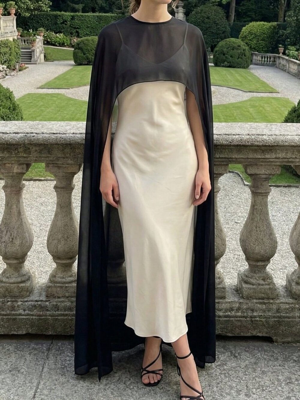 Black Elegant Women's High Low Sheer Cape - Picture 4 of 4